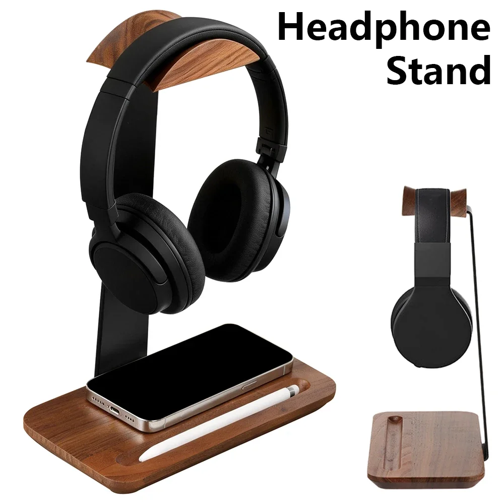 Headphone Stand Desk - ユニバーサル木製ヘッドホンスタンド、収納ベース付き、滑り止めテーブルヘッドセットホルダー、装飾的なデスクトップ縦型ヘッドセット収納ラック
