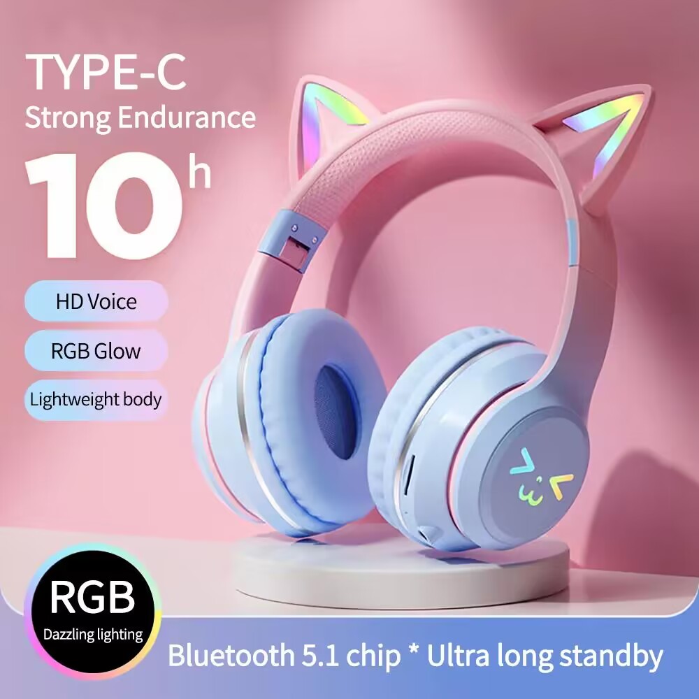 Gaming Headset Rgb - BluetoothワイヤレスRGBGlowイヤホン,猫の耳のヘッドセット,mp3プレーヤー,マイク,販売,5.3
