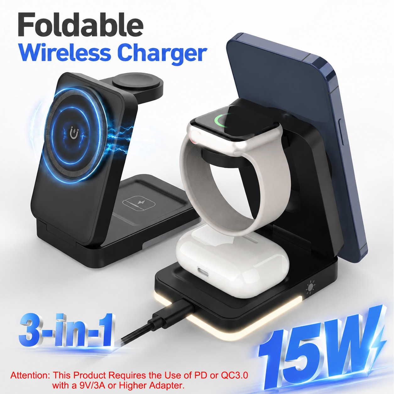 3-in-1折りたたみ式ワイヤレス充電器 15W 磁気誘導充 - Usb C Earphone のレビューと価格