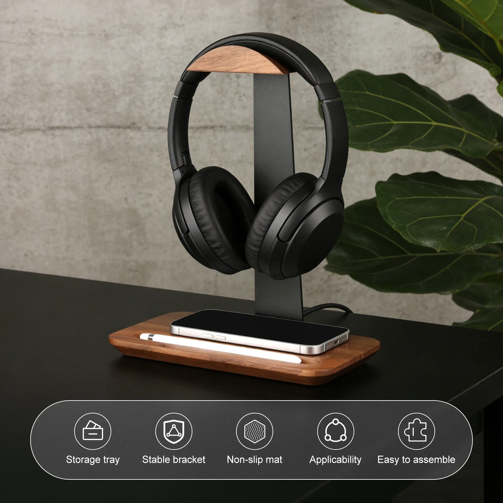 ユニバーサル木製ヘッドホンスタンド、収納ベース付き、滑り止め - Headphone Stand Desk のレビューと価格